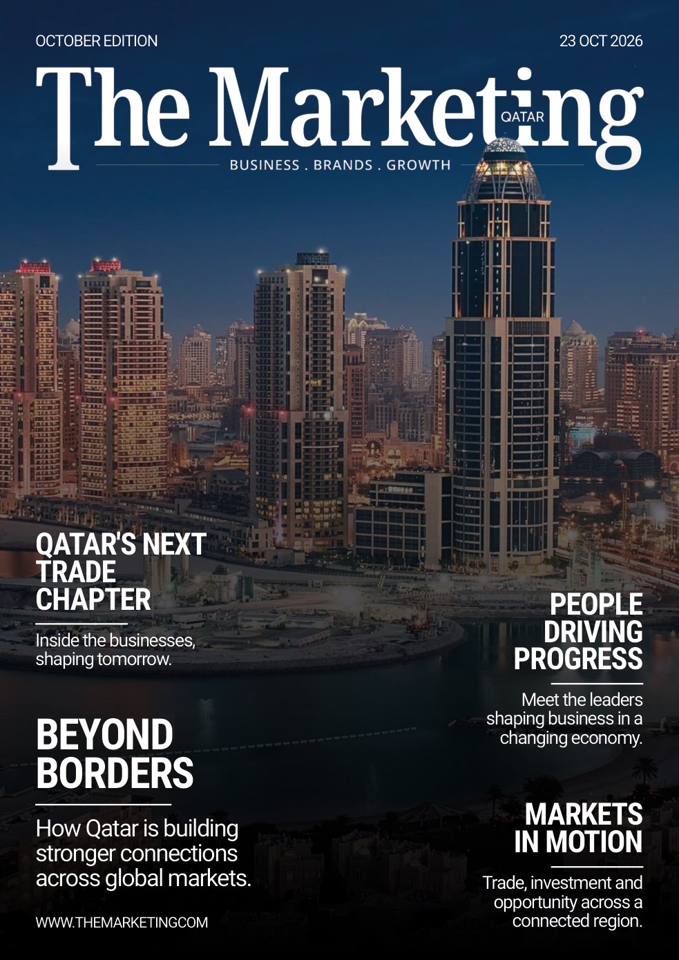 The Marketing Qatar sample magazine cover, showing Doha skyline and editorial headlines